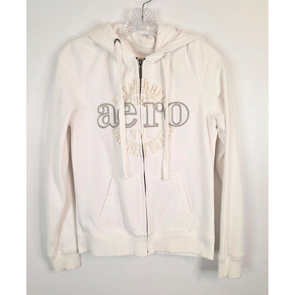 Aeropostale Womens White Full Zip Hoodie Logo Graphic Sweatshirt Size L